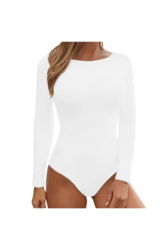 Women Solid Round Neck Long Sleeve Button Jumpsuit Slim Bodysuit Jumpsuits