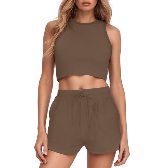 Women Solid Round Neck Vest High Waist Pants Casual Outings Two Piece Set