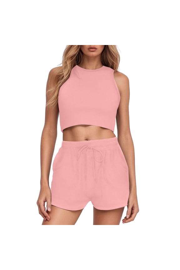 Women Solid Round Neck Vest High Waist Pants Casual Outings Two Piece Set