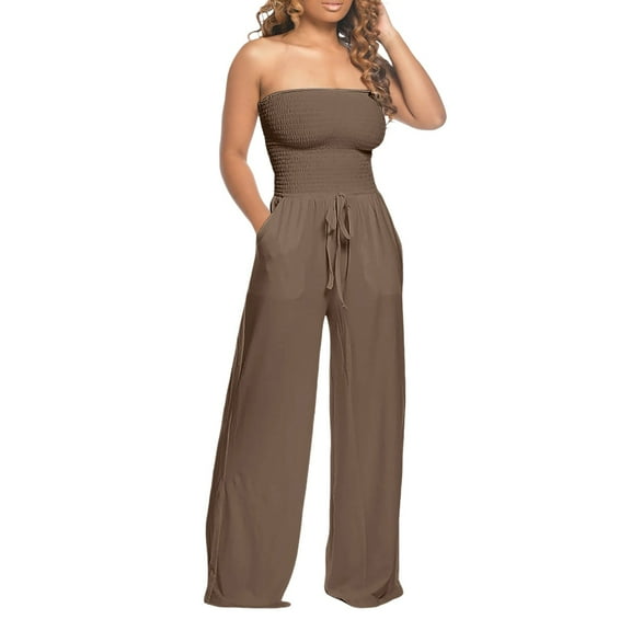 Women Solid Ruffle Lace Sleeveless Lace Up Jumpsuit Medium Length Straight Trousers Jumpsuits
