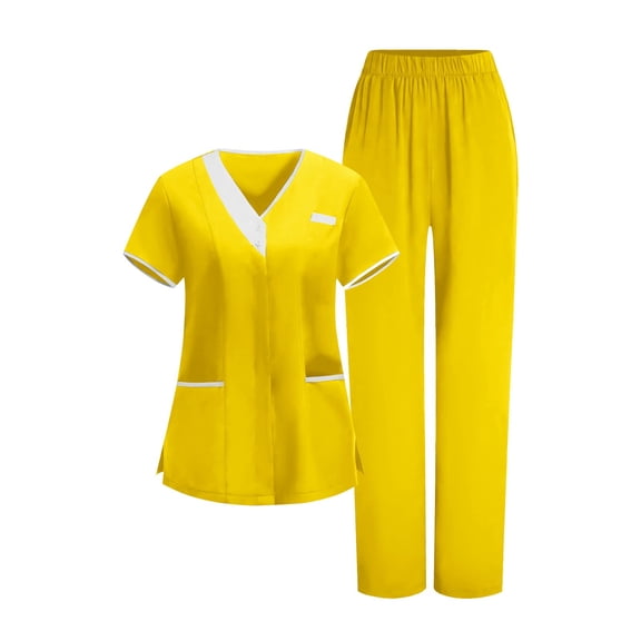 Women Solid Set Medical Nurse Uniform for Women Loose Drawstring Pants Pocket Caregiver Short Sleeve V-Neck Blouses Nursing Set