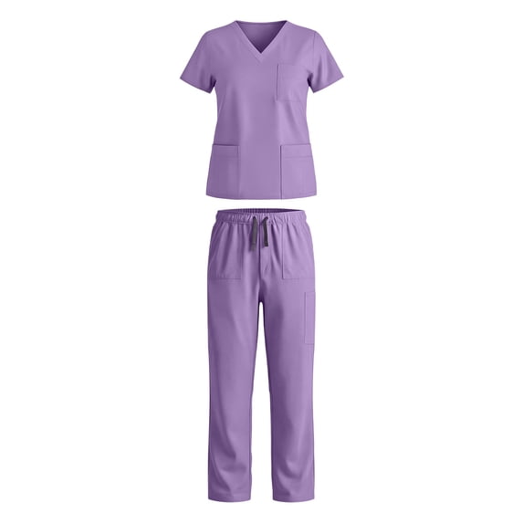 Women Solid Short Sleeve Operating Room Nurse Hand Washing Suit Vneck Tee Tops and Pant Breathable Clothes