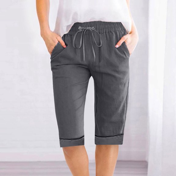 Women Solid Shorts Drawstring Elastic Waist Cotton Linen Casual Straight Fitting Pants With Pockets Cargo Style Five Point Pants