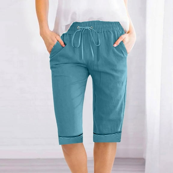 Women Solid Shorts Drawstring Elastic Waist Cotton Linen Casual Straight Fitting Pants With Pockets Cargo Style Five Point Pants