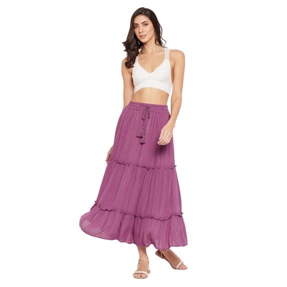 Women Solid Skirts Long Ruffle Layered Ladies Skirts for Summer, Purple