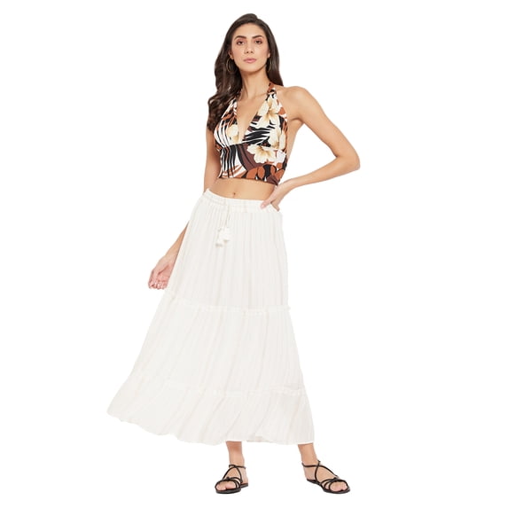 Women Solid Skirts Long Ruffle Layered Ladies Skirts for Summer, White