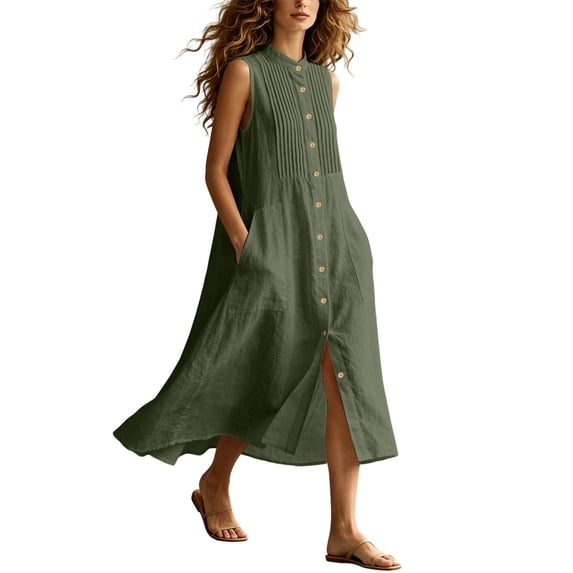 Women Solid Sleeveless Pleated Midi Dress, Front Button Split Flowy Long Dress, Summer Casual Vacation Sundress Army Green S(S)