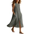 thumbnail image 1 of Women Solid Sleeveless Pleated Midi Dress, Front Button Split Flowy Long Dress, Summer Casual Vacation Sundress Gray L(L), 1 of 6