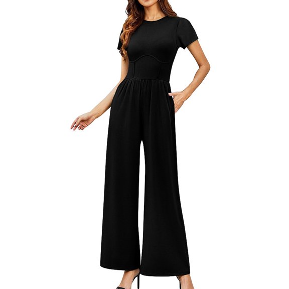 Women Solid Sleeveless Wide Leg Jumpsuit Dressy Ribbed Jumpsuit With Summer Tank Romper