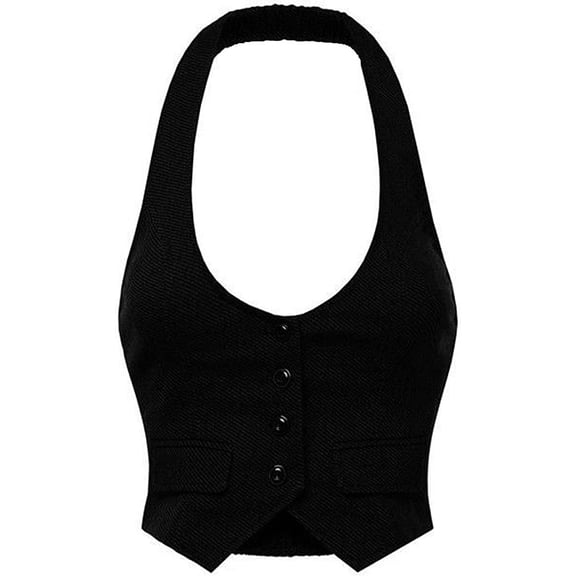 Women Solid Sleevless Black Suit Vest Classic Scoop Neck Halter Waistcoat (Small)