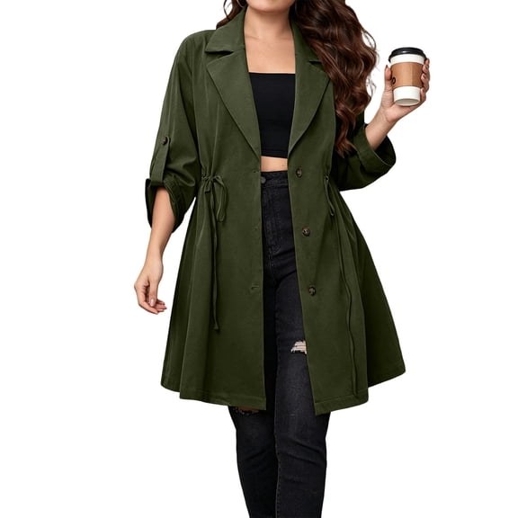 Women Solid Spring Waist Loose Long Sleeve Coat Top