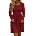 thumbnail image 1 of Women Solid Square Neck Long Sleeve Ribbed Knit Dress Casual Fitted High Waist Midi Dress Autumn Winter Wine S(S), 1 of 9