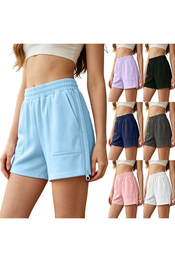 Women Solid Sweat Shorts, Elastic Waistband Flattering Profile Base, Functional Side Pockets Soft Cozy Cotton Blend Matrix, Gym Running Fitness Workout Training Activewear, Casual Summer | Velmuse
