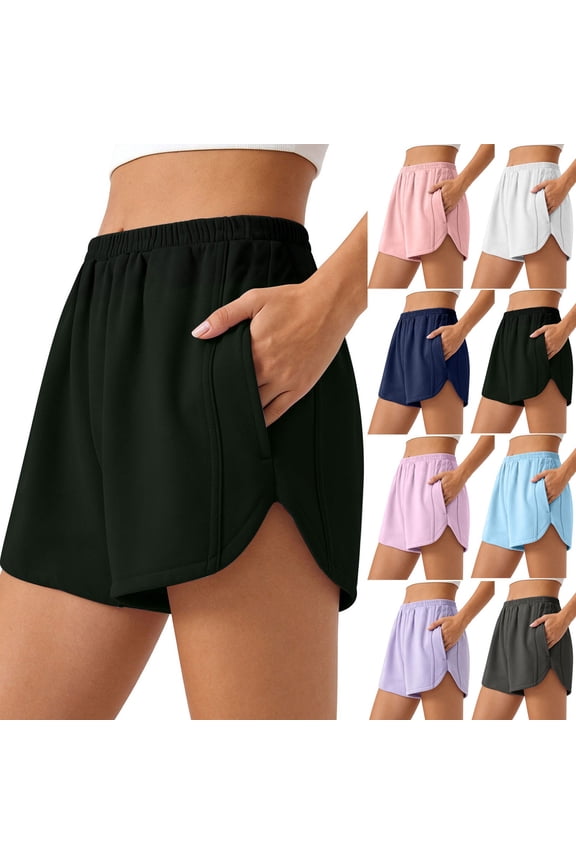 Women Solid Sweat Shorts, Elastic Waistband Flattering Profile Base, Functional Side Pockets Soft Cozy Cotton Blend Matrix, Gym Running Fitness Workout Training Activewear, Casual Summer | Velmuse