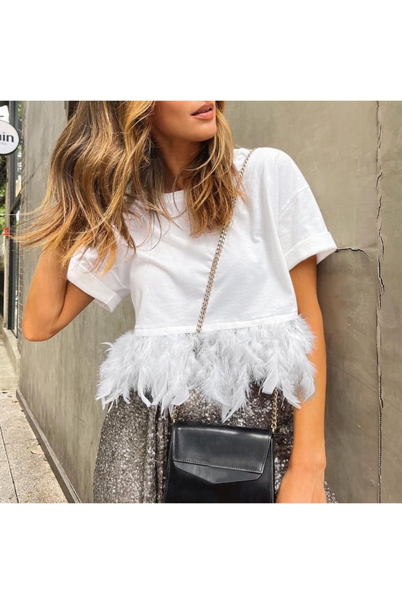Women Solid Tee Short Sleeve Feather Tee Tops Shirts Causal Tee Blouses