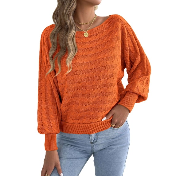 Women Solid Textured Cable Knit Off Shoulder Boat Neck Balloon Long Sleeve Loose Pullover Sweater Orange S