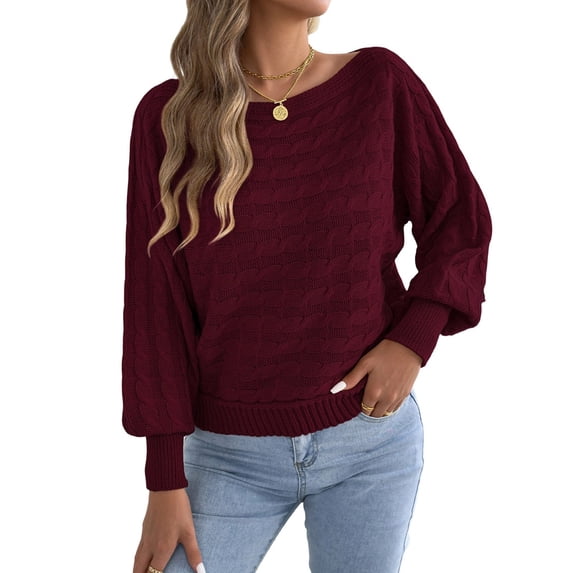 Women Solid Textured Cable Knit Off Shoulder Boat Neck Balloon Long Sleeve Loose Pullover Sweater Wine Red L