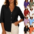 thumbnail image 1 of Women Solid Textured V Neck Button Up Shirt, Three-Quarter Rolled Sleeve Casual Blouse Top With Chest Pocket, Lightweight Breathable Summer Daily Wear Shirts, 1 of 9