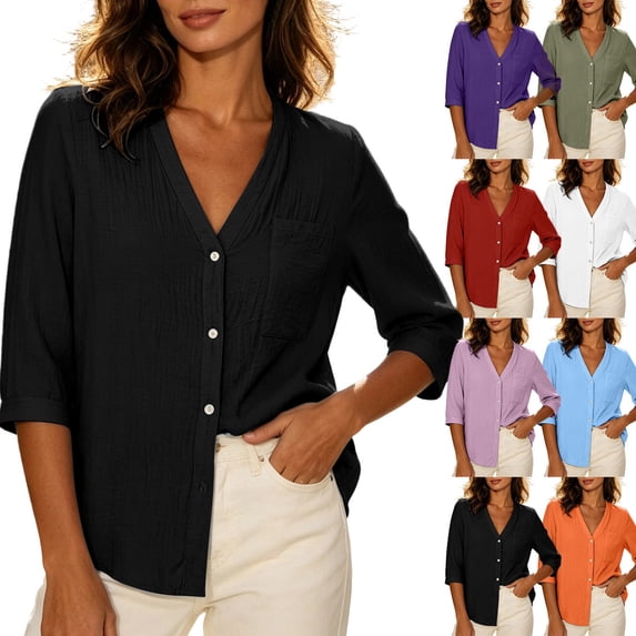 Women Solid Textured V Neck Button Up Shirt, Three-Quarter Rolled Sleeve Casual Blouse Top With Chest Pocket, Lightweight Breathable Summer Daily Wear Shirts