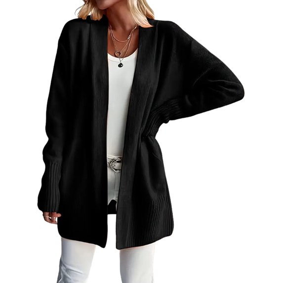 Women Solid Tone Open Front V Neck Side Pockets Oversized Mid Length Loose Casual Knit Cardigan Black S
