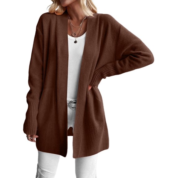 Women Solid Tone Open Front V Neck Side Pockets Oversized Mid Length Loose Casual Knit Cardigan Dark Brown XXL