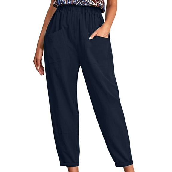 Women Solid Trouser Pant Casual Baggy Elastic Waist Trouser Wide Leg Pant With Pocket Work Pants for (Dark Blue #6, S)