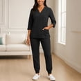 thumbnail image 1 of Women Solid V Neck 3/4 Sleeve Scrubs Set Quick Dry Medical Nurse Uniform With Multi Pockets Jogger Pants Black 2XL, 1 of 4