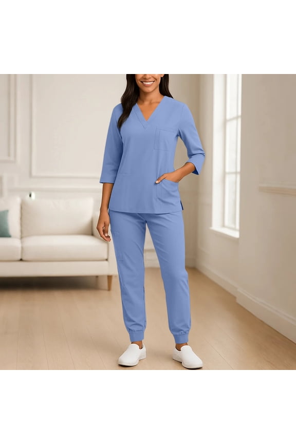 Women Solid V Neck 3/4 Sleeve Scrubs Set Quick Dry Medical Nurse Uniform With Multi Pockets Jogger Pants Blue S