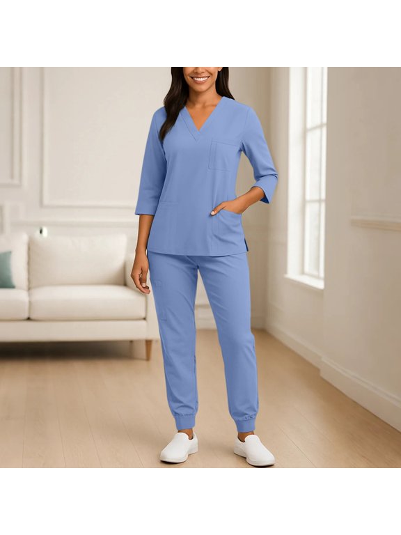 Women Solid V Neck 3/4 Sleeve Scrubs Set Quick Dry Medical Nurse Uniform With Multi Pockets Jogger Pants Blue S