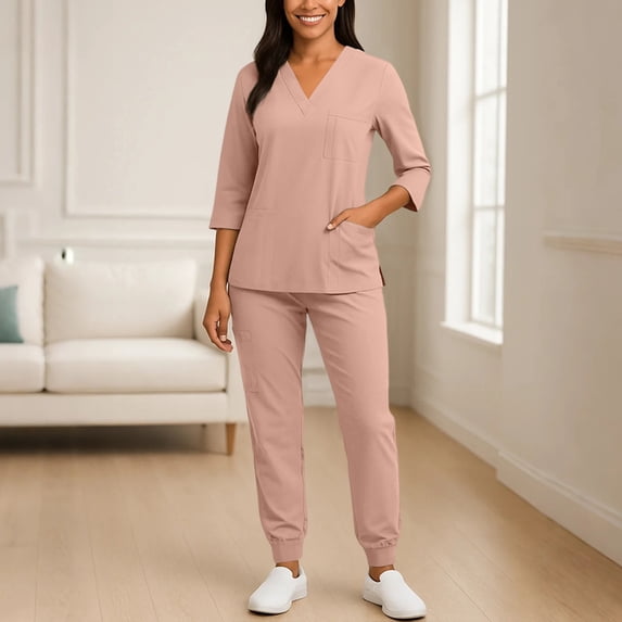 Women Solid V Neck 3/4 Sleeve Scrubs Set Quick Dry Medical Nurse Uniform With Multi Pockets Jogger Pants Red 2XL