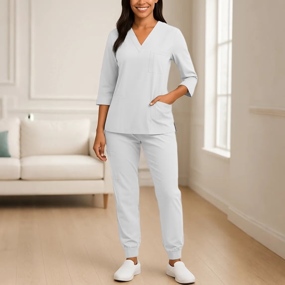 Women Solid V Neck 3/4 Sleeve Scrubs Set Quick Dry Medical Nurse Uniform With Multi Pockets Jogger Pants White XL