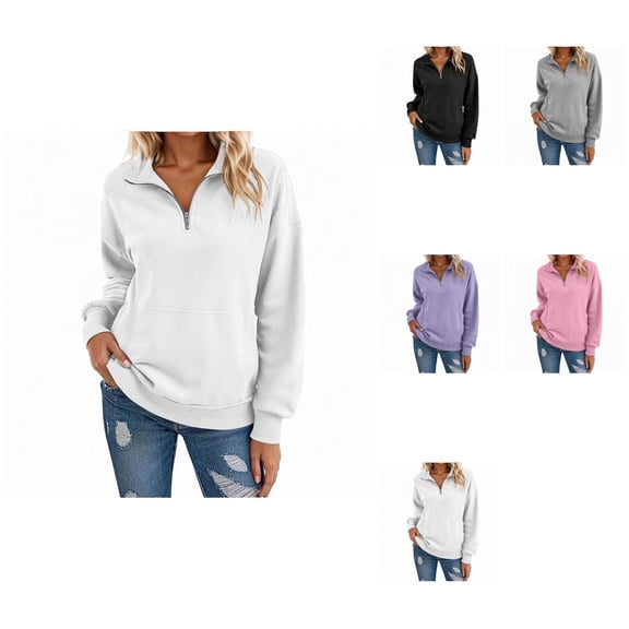 Women Solid V-Neck Long Sleeve Zip-Up Sweatshirt, Lightweight Casual Loose Fit Pullover with Pocket, Fashion Oversized Hoodless Sweatshirt