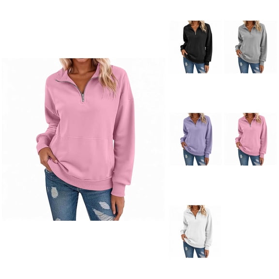 Women Solid V-Neck Long Sleeve Zip-Up Sweatshirt, Lightweight Casual Loose Fit Pullover with Pocket, Fashion Oversized Hoodless Sweatshirt