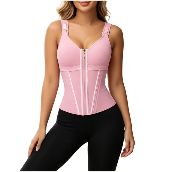 Women Solid V-Neck Shapewear Tank Top, Breathable Zip Front Waist Trainer with Built-in Bra Pink L(L)