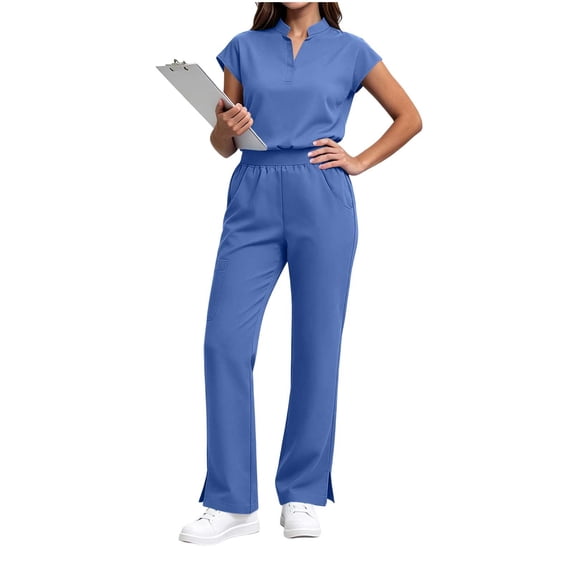 Women Solid V Neck Short Sleeve Scrub Top & Side Slit Long Pants 2 Piece Uniform Set with Pockets, Comfort Workwear for Nurses Caregivers Salon Staff Daily Professional Use Blue-A S(S)
