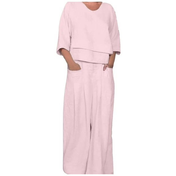 Women Solid V Neck Short Sleeve Top High Waist Pants Casual Two Piece Set, Polyester Spandex, S-XXXL