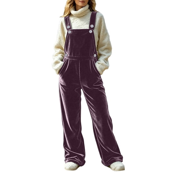 Women Solid Velvet Bib Overalls Button Shoulder Straps Wide Leg Jumpsuit Casual Suspender Pants with Pockets for Winter Purple-A
