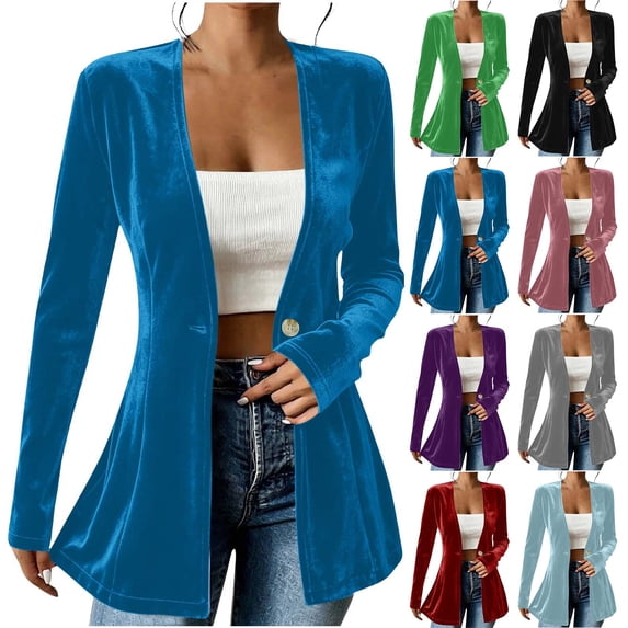 Women Solid Velvet Blazer Jacket, Long Sleeve Button Front Lapel Cardigan Coat for Spring Fall Blue--Velvet XL(XL)