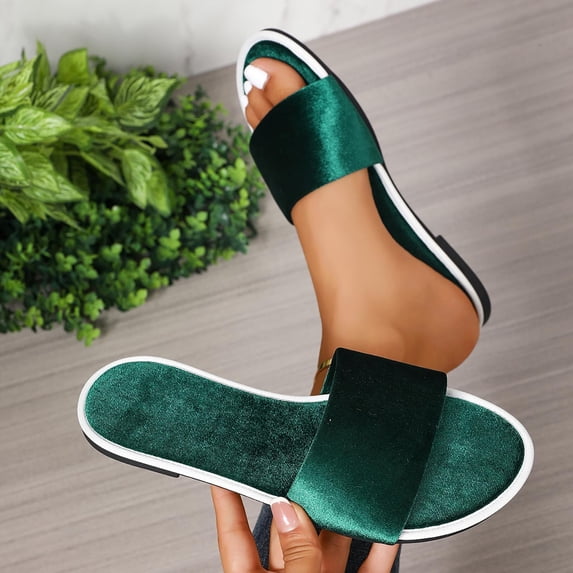 Women Solid Velvet Wide Strap Flat Open Toe Slip On Casual Slide Sandals Green 9.5