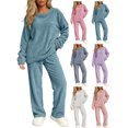 thumbnail image 1 of Women Solid Vertical Rib Loungewear Set Soft Warm Loose Crew Neck Long Sleeve Top & Wide Leg Pants Cozy Breathable Sleepwear Pajamas for All Age Ladies, 1 of 6