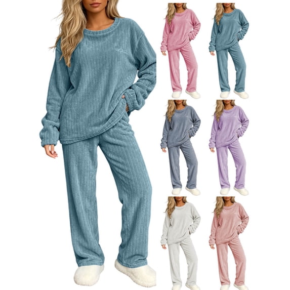 Women Solid Vertical Rib Loungewear Set Soft Warm Loose Crew Neck Long Sleeve Top & Wide Leg Pants Cozy Breathable Sleepwear Pajamas for All Age Ladies
