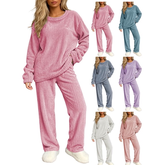 Women Solid Vertical Rib Loungewear Set Soft Warm Loose Crew Neck Long Sleeve Top & Wide Leg Pants Cozy Breathable Sleepwear Pajamas for All Age Ladies
