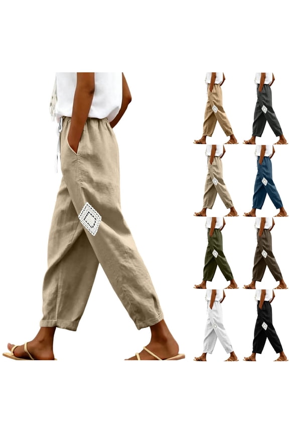 Women Solid Washed Cotton Square Patch Cutout Drawstring Elastic High Waist Cropped Ankle-Length Casual Pants with Side Pockets for Daily Hang-out Beige XL(XL)