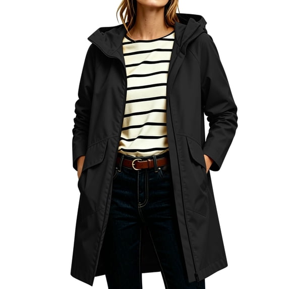 Women Solid Waterproof Windproof Long Hooded Rain Jacket, Lightweight Outdoor Hiking Camping Trench Coat Casual Windbreaker with Side Pockets Black M(M)