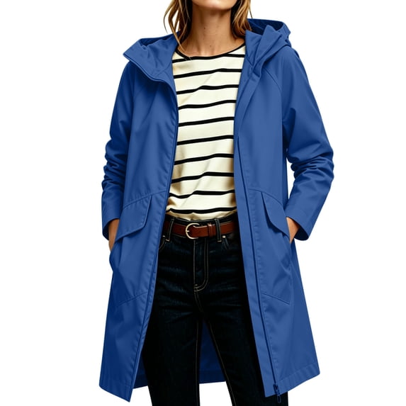 Women Solid Waterproof Windproof Long Hooded Rain Jacket, Lightweight Outdoor Hiking Camping Trench Coat Casual Windbreaker with Side Pockets Navy S(S)