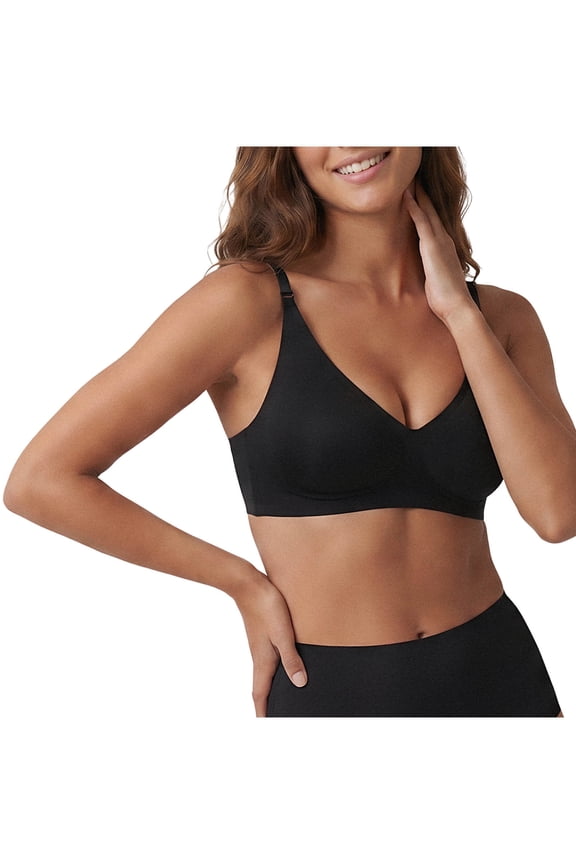 Women Solid Wireless Bra, Adjustable Thin Straps Breathable Side Containment Mild Push Up V Neck Daily Lounge Bralette Black XL(XL)