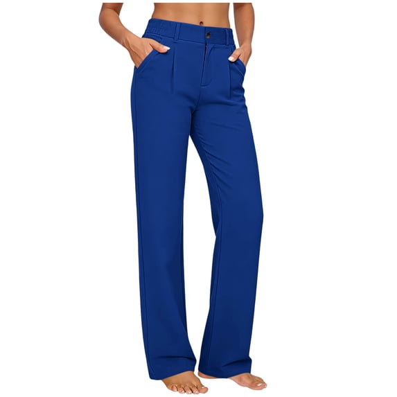 Women Solid Yoga Pants Button Decor Ruched Waist Pockets High Stretch Slim Fit Active Daily Wear Trousers Blue XL