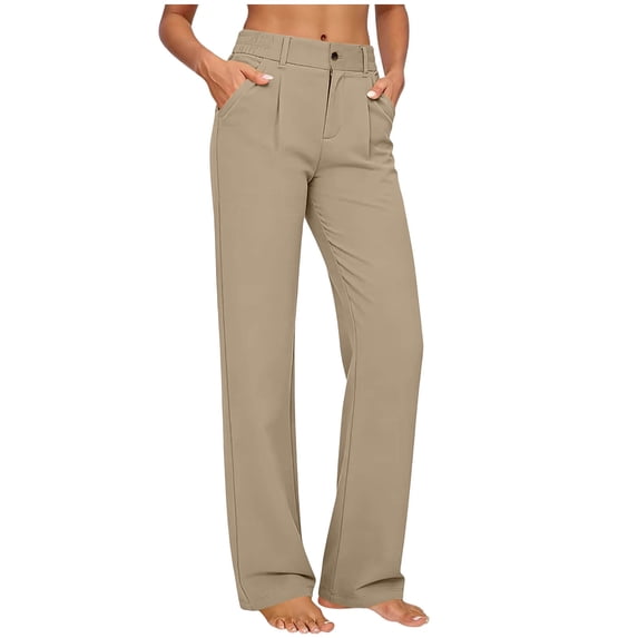 Women Solid Yoga Pants Button Decor Ruched Waist Pockets High Stretch Slim Fit Active Daily Wear Trousers Khaki XXL