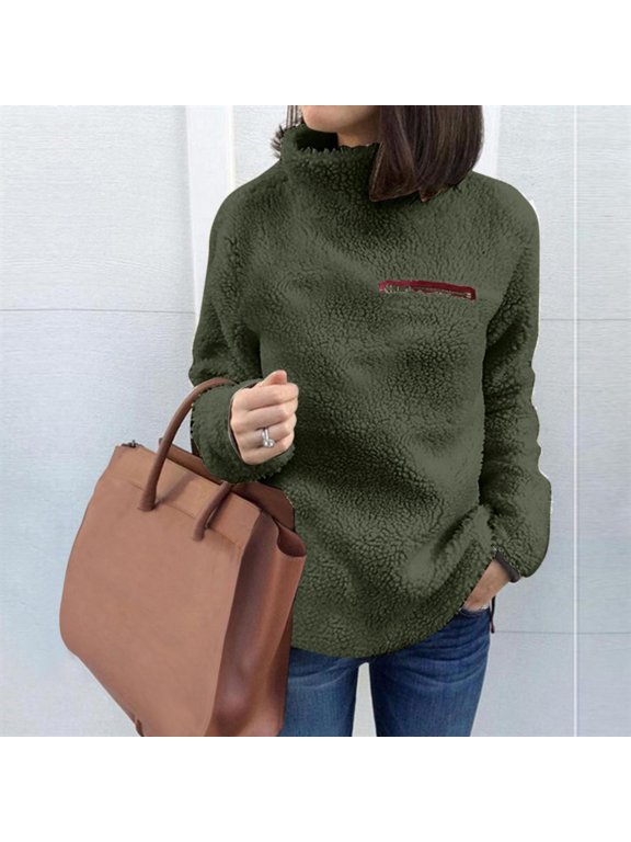 Women Solid Zipper Sweatshirt Turtleneck Warm Soft Blouse Casual Fashion Sweatshirt Pullover Tops Shirt Womens Running Jacket plus Size Jacket Microfiber Jacket Zip up Sweaters for Women Women Full