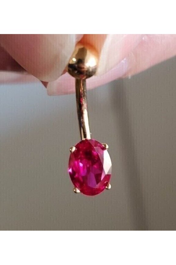 Women Solitaire Pretty Belly Pin 2.00Ct Oval Cut Lab Created Red Ruby Dangle Belly Button 14K Yellow Gold Plated 925 Silver